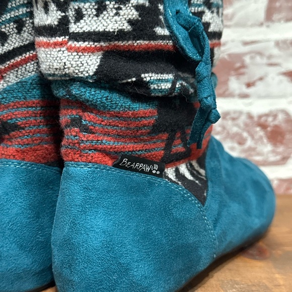 Bearpaw Amber Nova Suede Ankle Boots Wms Sz 8 Blue Aztec Pull On Sheepskin Lined - Picture 9 of 10
